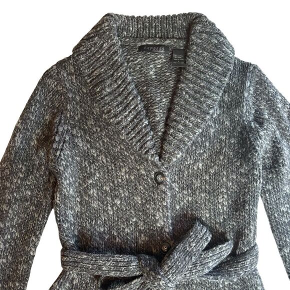 Vintage 90's Express Charcoal Grey Wool Blend Belted Longline Cardigan Sweater L - Picture 3 of 13